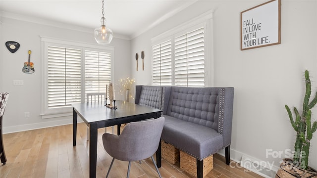 interior space with light wood-type flooring, crown molding, and a healthy amount of sunlight