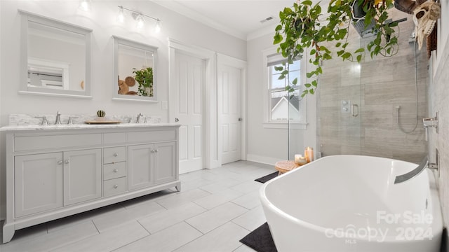 bathroom with tile patterned floors, vanity, ornamental molding, and plus walk in shower