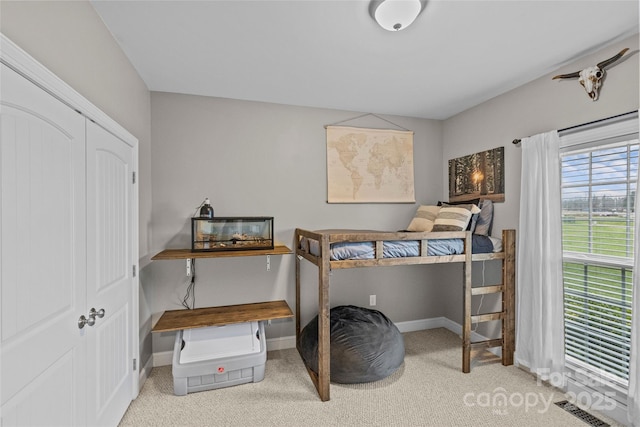 bedroom featuring carpet flooring and a closet