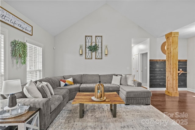 living room with dark hardwood / wood-style floors and high vaulted ceiling