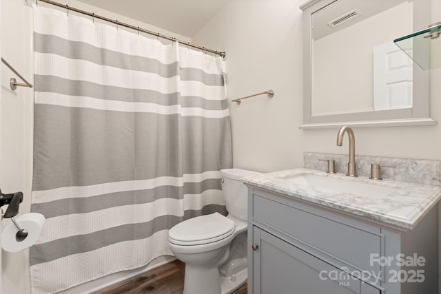 bathroom featuring vanity, wood-type flooring, and toilet