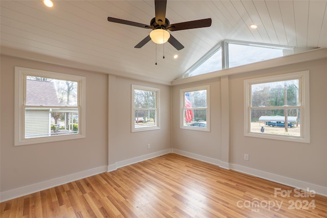 empty room featuring lofted ceiling, light hardwood / wood-style floors, wood ceiling, and ceiling fan