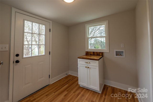 doorway with a healthy amount of sunlight and light hardwood / wood-style flooring