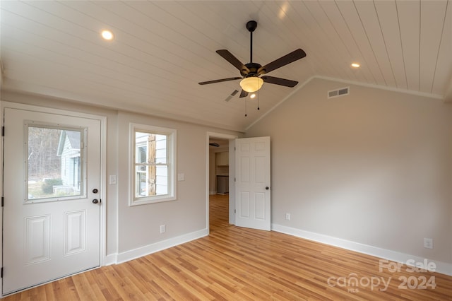 foyer entrance featuring light hardwood / wood-style floors, ceiling fan, lofted ceiling, and wood ceiling