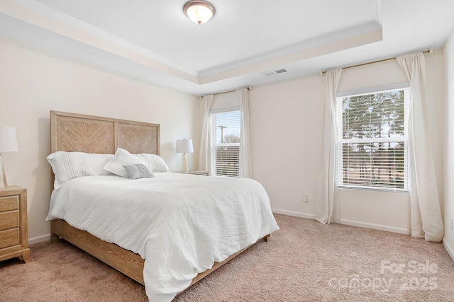 carpeted bedroom featuring crown molding and a raised ceiling