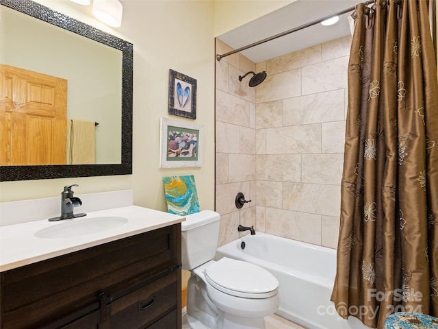 full bathroom featuring vanity, toilet, and shower / bathtub combination with curtain