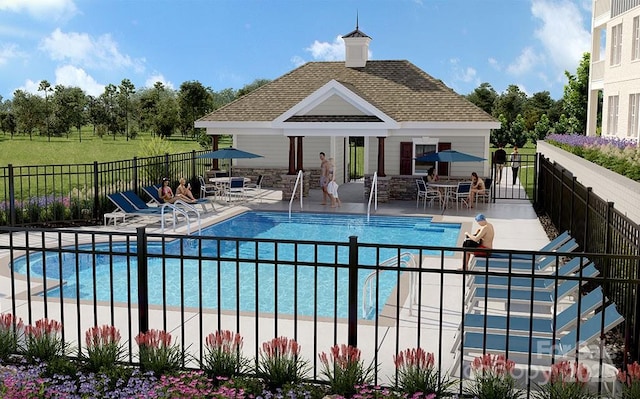 view of swimming pool with a gazebo and a patio area