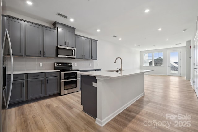 kitchen featuring tasteful backsplash, sink, a kitchen island with sink, stainless steel appliances, and light wood-type flooring