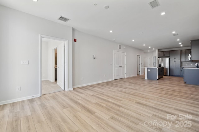 unfurnished living room featuring sink and light hardwood / wood-style flooring