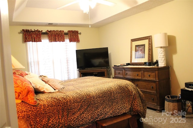 bedroom with a tray ceiling and ceiling fan