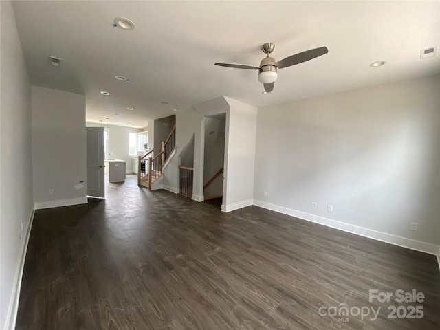 1615 Polk St Unit Eqx0208, Charlotte, NC 28206 - unfurnished living room with a ceiling fan, dark wood-type flooring, recessed lighting, and stairway