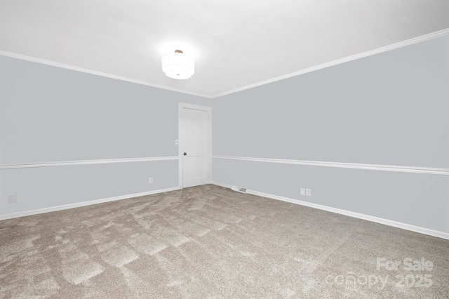 unfurnished room with carpet flooring and crown molding