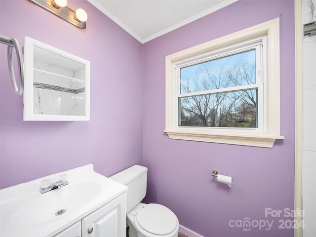 bathroom with a shower, vanity, toilet, and ornamental molding