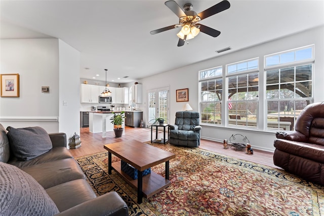 living room featuring ceiling fan and wood-type flooring