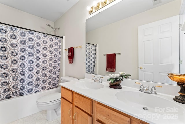 full bathroom featuring vanity, toilet, and shower / tub combo with curtain