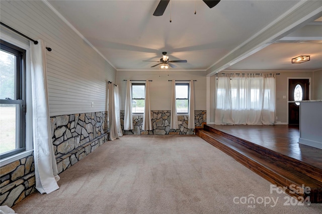 interior space with dark hardwood / wood-style floors, ceiling fan, and crown molding