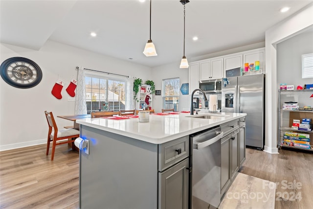 kitchen with white cabinetry, a kitchen island with sink, sink, and appliances with stainless steel finishes