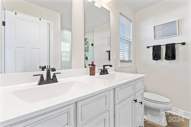 bathroom featuring a shower with door, vanity, and toilet