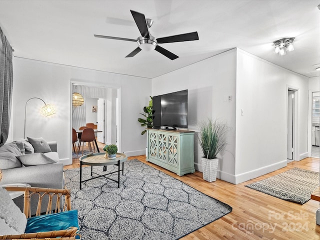 living room with wood-type flooring and ceiling fan