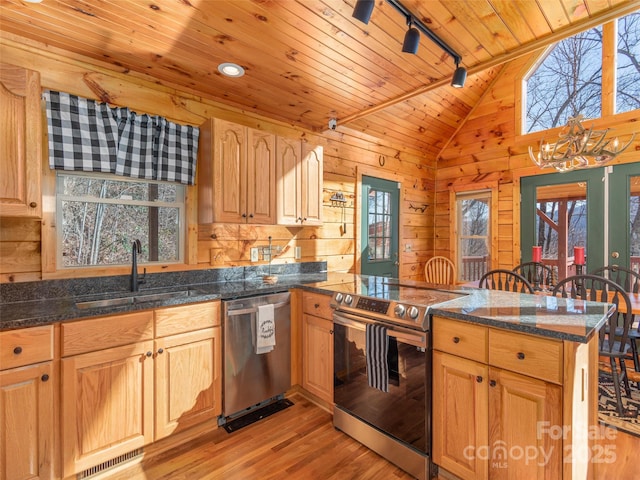 kitchen with dishwasher, sink, rail lighting, light hardwood / wood-style flooring, and range