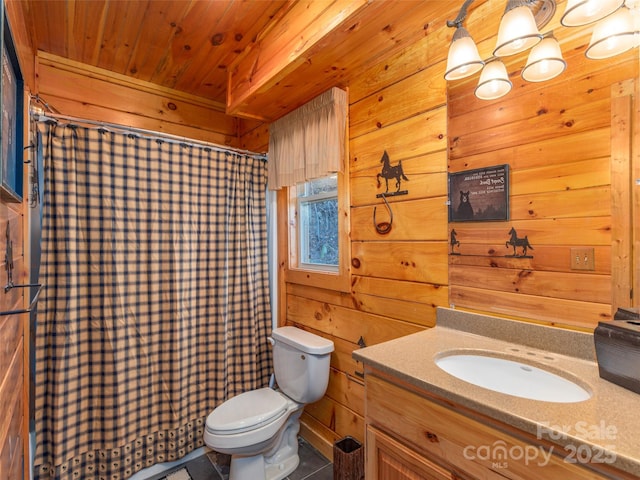 bathroom featuring vanity, wood walls, toilet, and wooden ceiling