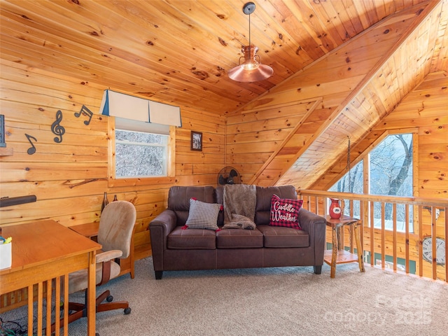 carpeted home office with wood walls, lofted ceiling, and wood ceiling