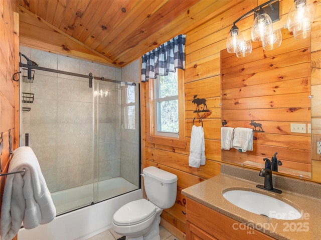 full bathroom with vanity, wood walls, wooden ceiling, vaulted ceiling, and toilet