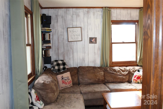 living room with wood walls