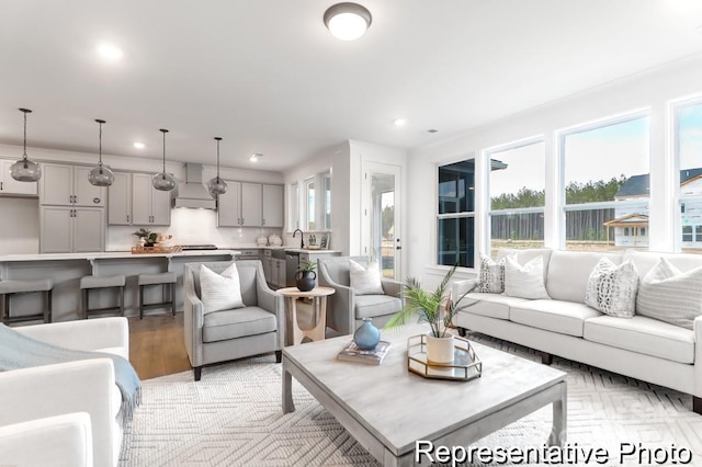 living room with light hardwood / wood-style floors and sink