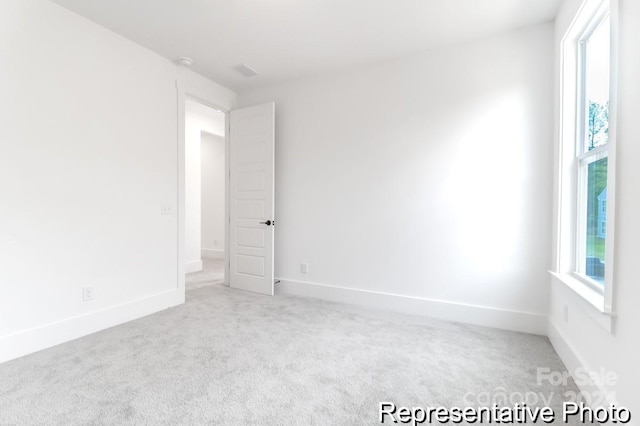 spare room featuring plenty of natural light and light carpet