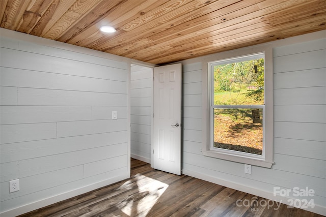 unfurnished room featuring wood walls, wooden ceiling, and dark hardwood / wood-style floors