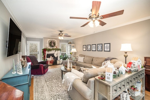 living room featuring ceiling fan, crown molding, and light hardwood / wood-style flooring