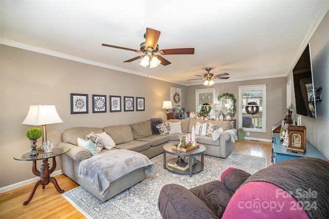 living room with hardwood / wood-style flooring, ceiling fan, and ornamental molding