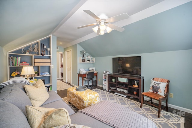 living room with ceiling fan and lofted ceiling