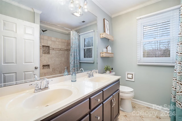 bathroom featuring a shower with curtain, tile patterned flooring, crown molding, toilet, and vanity