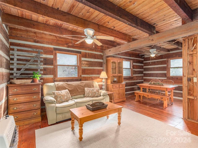 living room with wooden walls, light hardwood / wood-style flooring, beamed ceiling, and wooden ceiling