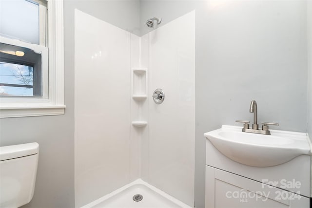 bathroom featuring vanity, toilet, and walk in shower