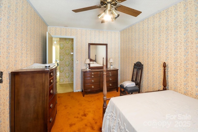 carpeted bedroom featuring a textured ceiling, ceiling fan, and crown molding