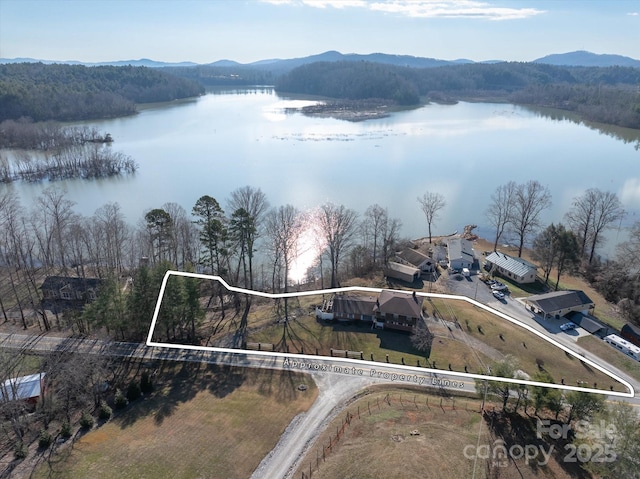 birds eye view of property featuring a water and mountain view