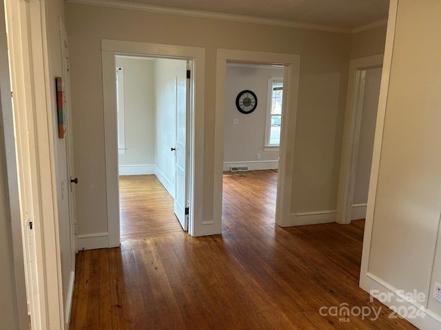 corridor with crown molding and dark wood-type flooring