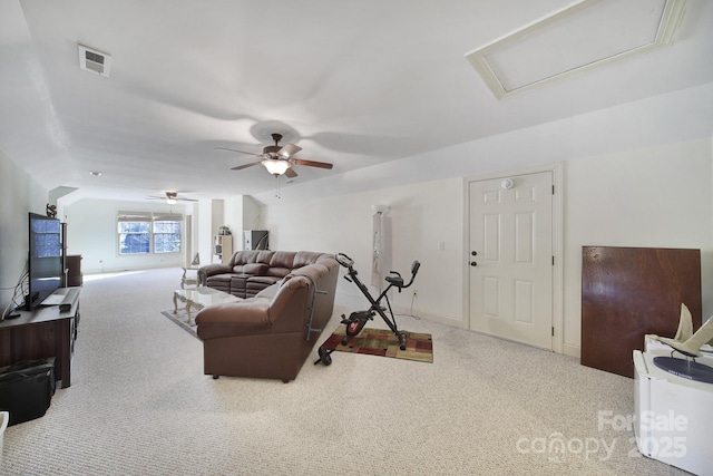 living room with ceiling fan and light colored carpet