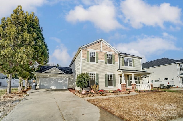 view of property with a porch and a garage