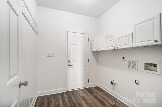 laundry room featuring cabinets, hookup for a gas dryer, hookup for a washing machine, hookup for an electric dryer, and dark hardwood / wood-style flooring