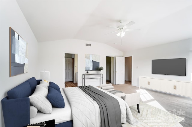 bedroom featuring ceiling fan and lofted ceiling