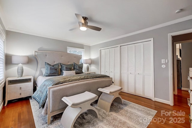 bedroom featuring ceiling fan, ornamental molding, and dark wood-type flooring