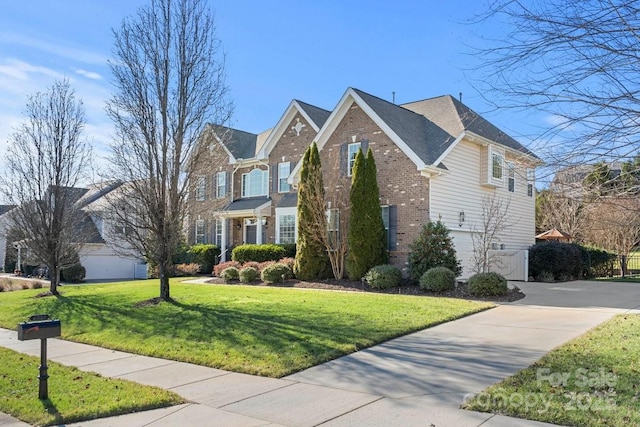 view of property with a front lawn and a garage