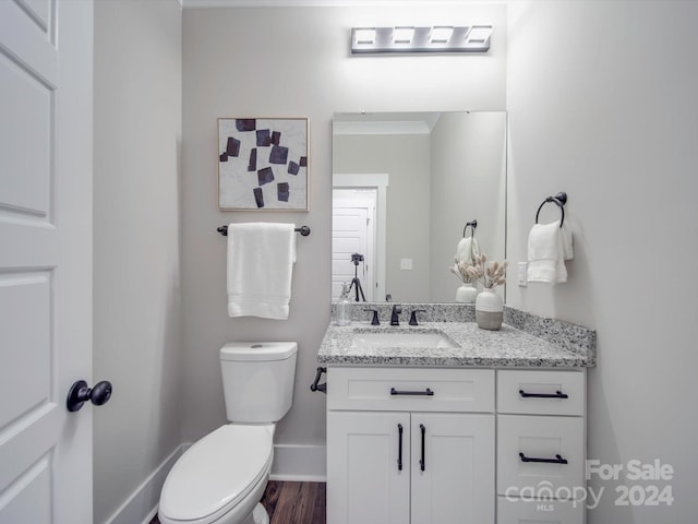 bathroom featuring toilet, vanity, and hardwood / wood-style flooring