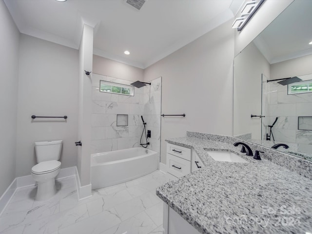 full bathroom featuring vanity, toilet, crown molding, and tiled shower / bath combo