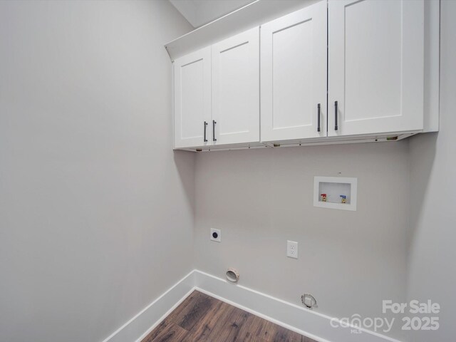 1304 Pleasant Plains Rd, Matthews, NC 28105 - laundry room featuring cabinet space, baseboards, washer hookup, dark wood finished floors, and electric dryer hookup