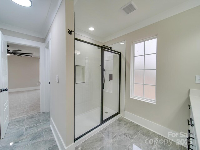 1304 Pleasant Plains Rd, Matthews, NC 28105 - bathroom featuring a stall shower, baseboards, vanity, ornamental molding, and recessed lighting